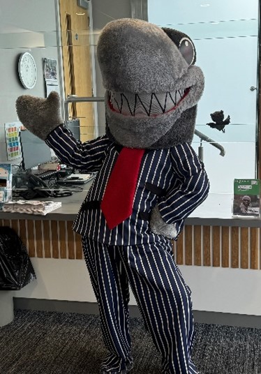 Photo of Sid The Shark in the Town Hall Foyer - a 6ft shark costume