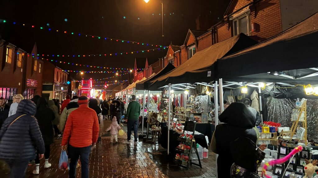 A view of market stalls in the High Street