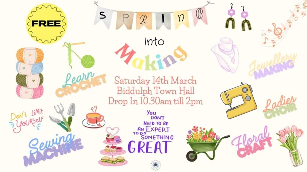 Poster advertising the event - showing the date, place and time with images of knitting, a sewing machine, flowers, etc