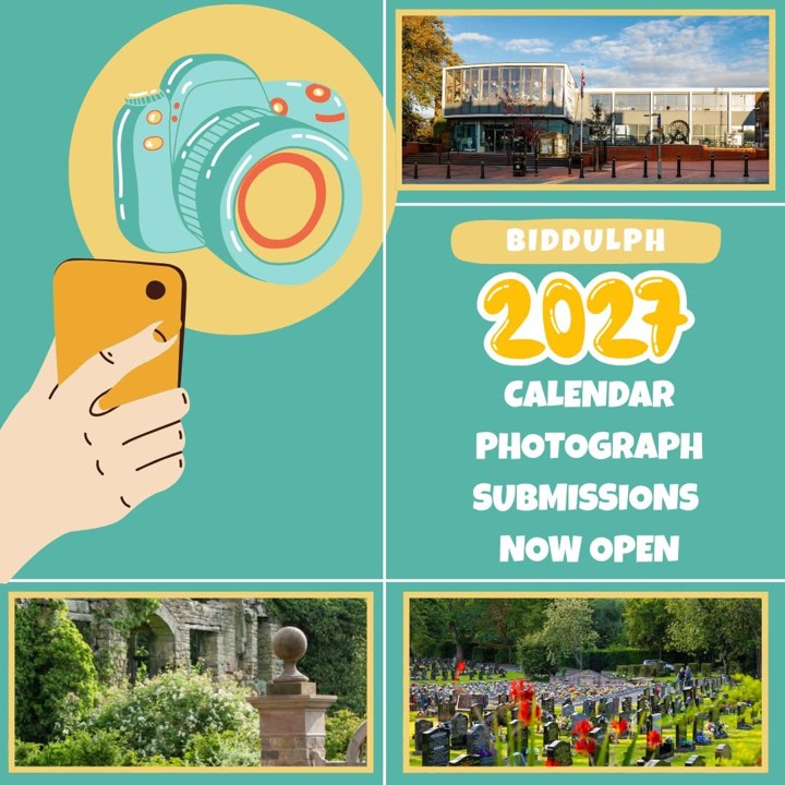 Biddulph Calendar 2027 Photos of the Town Hall, a camera and the Town Burial Ground
