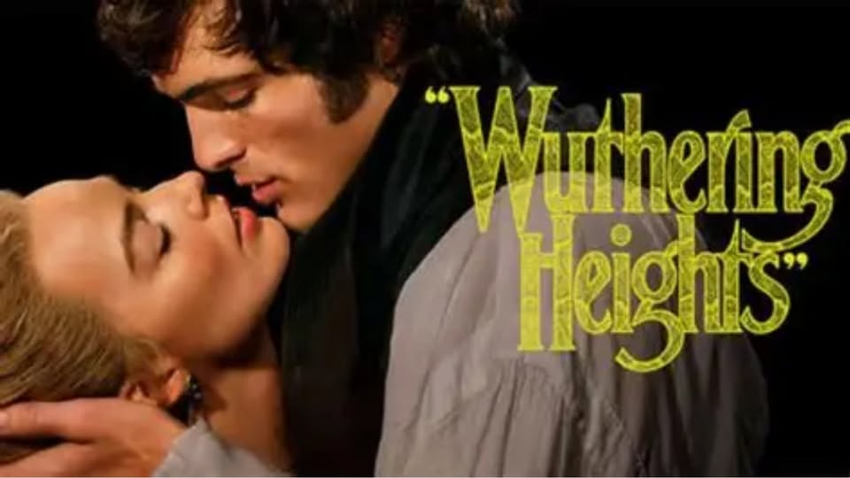 An advertising photo of the Wuthering Heights film showing a couple in an embrace