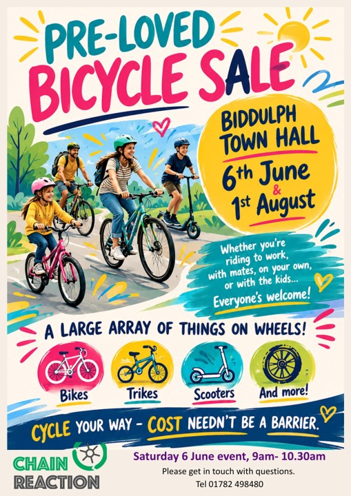 Poster advertising the bicycle sale shows a family cycling and pictures of bikes, trikes and scooters