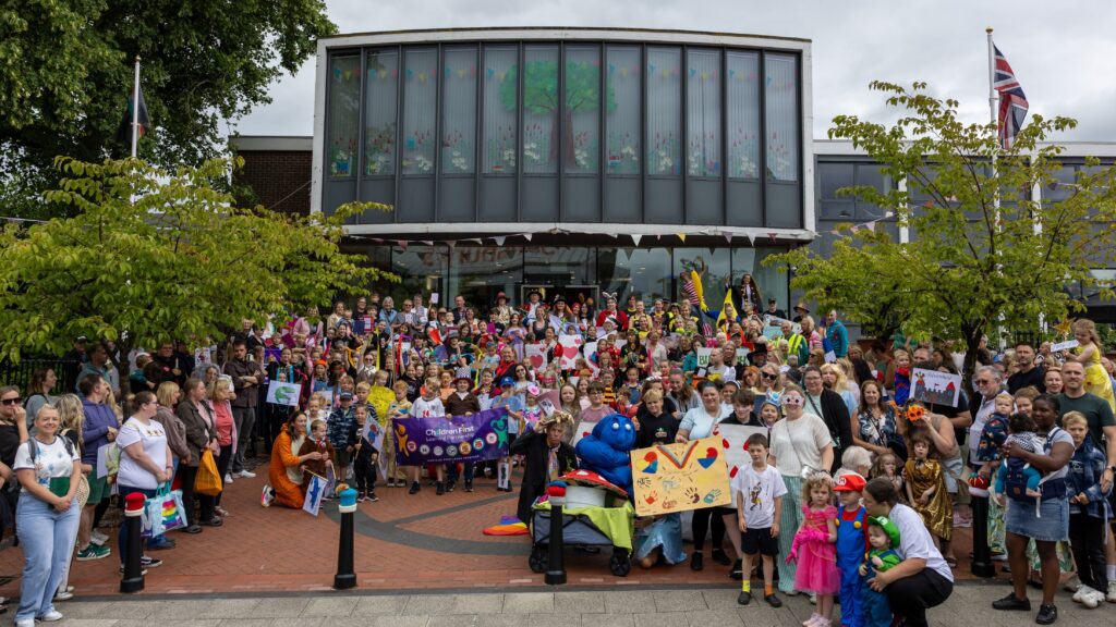 All the groups standing on the Town Hall steps for a photograph