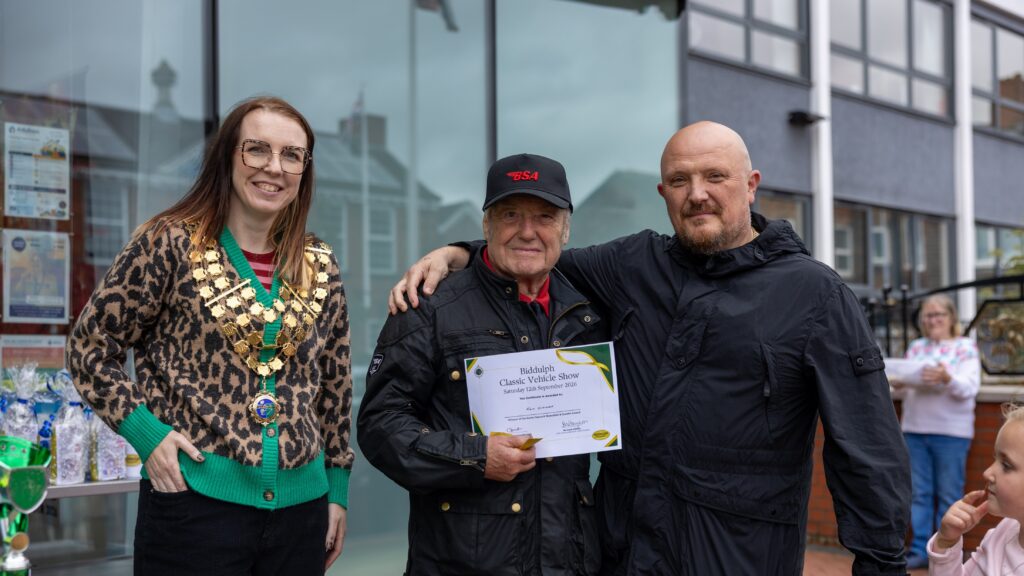 The Mayor, Councillor Charlie Smith, presenting the Garry Hancock Motorbike and Scooter Award to Ken Clowes