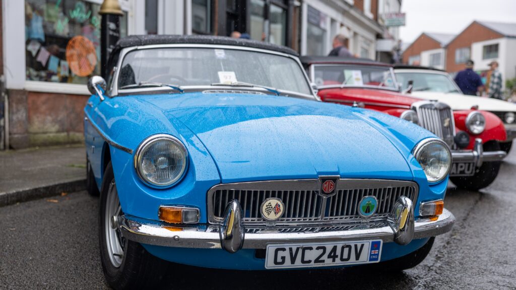 A bright blue MG exhibit