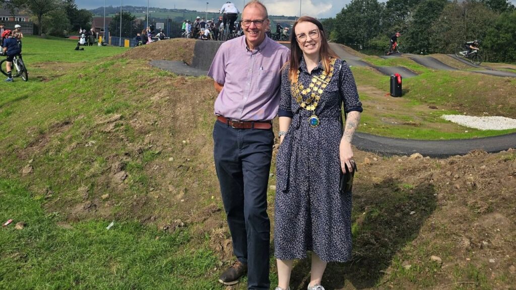 Councillor Yates and the Mayor, Councillor Smith at the pump track launch