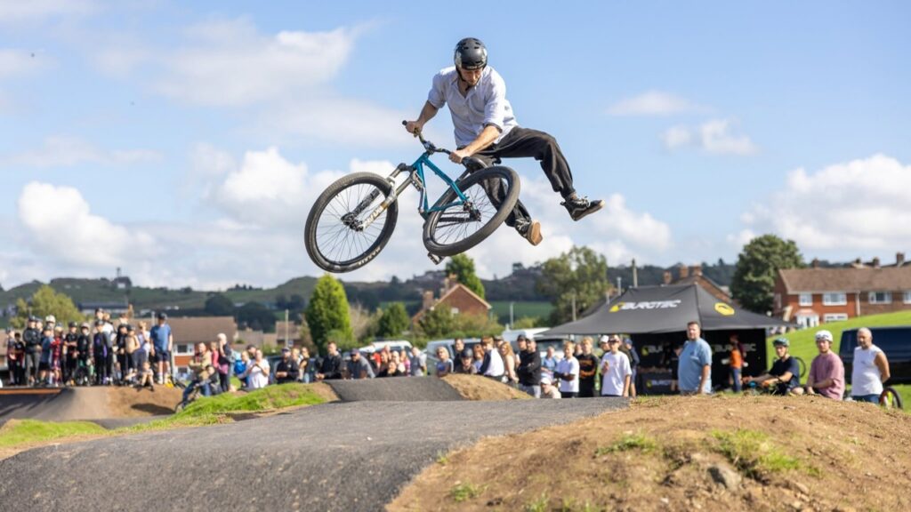 A cyclist enjoying the new pump track