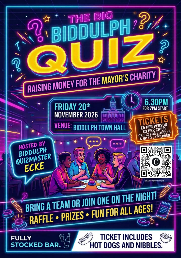 Poster advertising the quiz with bright yellow blue and pink colours showing a team of 4 at a quiz evening